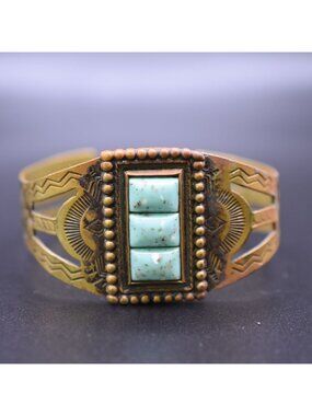 Vintage Brass Cuff Bracelet W/ Turquoise Stones & Southwestern Engraving 6" Circ